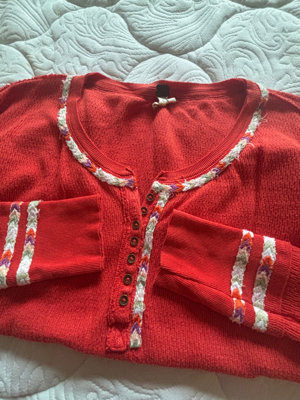 We The Free Red Knit Button-Front Cardigan with Multicolor Trim